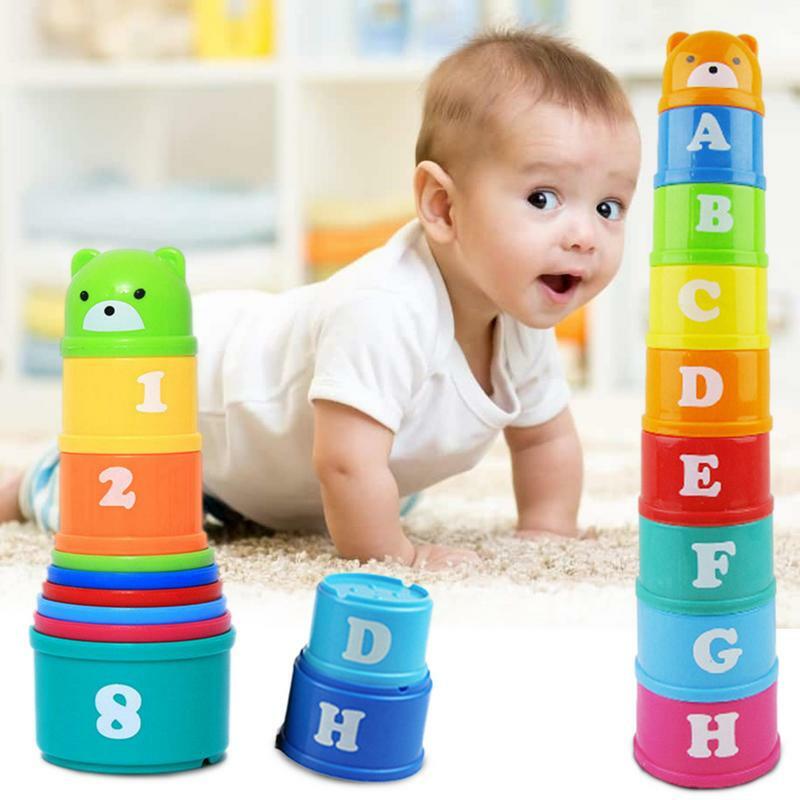 9pcs/set Kids Stackable Cups Toys Early Educational Figures Letters Foldind Stacking Tower Baby Intelligence Training Toy Gifts