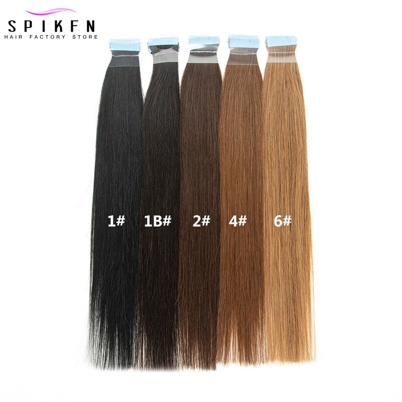 SPIKFN-Mini cinta en extensiones de cabello humano, pelo liso de 12-24 pulgadas, microcinta adhesiva sin costuras, 10 unids/lote por paquete