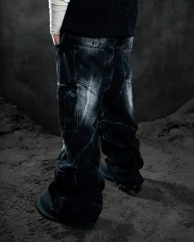 2024 New Y2k Men’s Jeans Gothic Punk  Retro  Baggy Jeans Black Rock Ripped Multi Pocket Cargo Pants Low Waist Leisure Streetwear