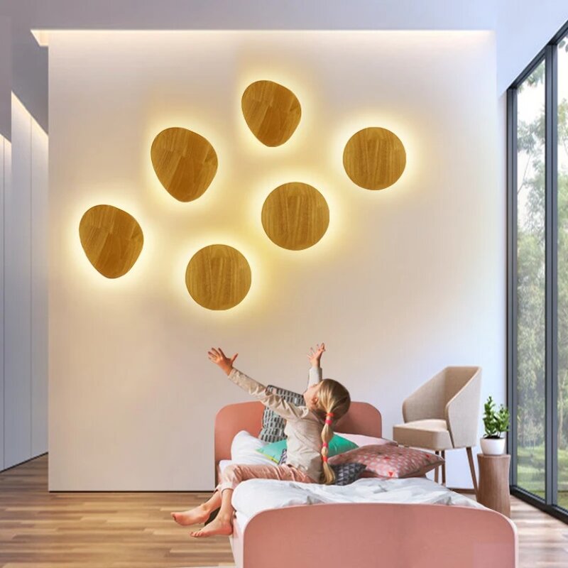 Lampu Dinding LED Modern, lampu dekorasi dinding latar belakang kayu bundar kreatif untuk kamar tidur, koridor, samping tempat tidur, Ruang Tamu