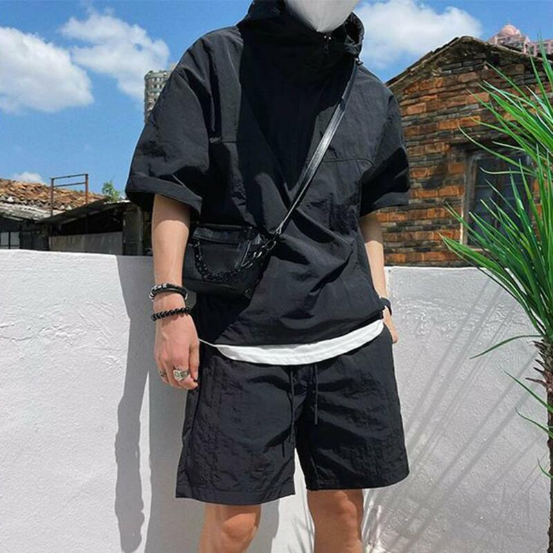Summer Cargo Style Set Men's Casual Hooded Solid Short Sleeve T-shirt Shorts Loose Fashion High Quality Handsome Sweatshirt Suit