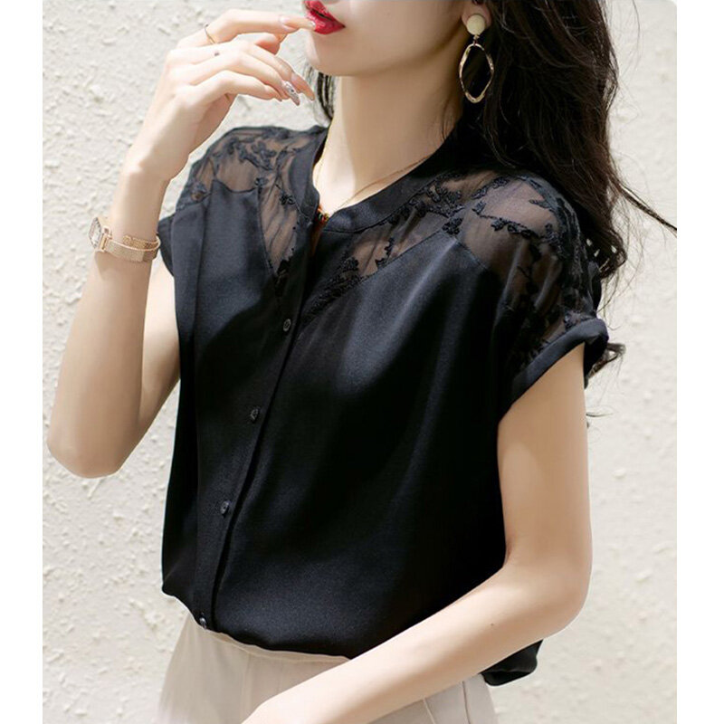 Elegant O-Neck Button Spliced Gauze Lace Embroidery Shirt Women's Clothing 2023 Summer New Casual Tops Loose Office Lady Blouse