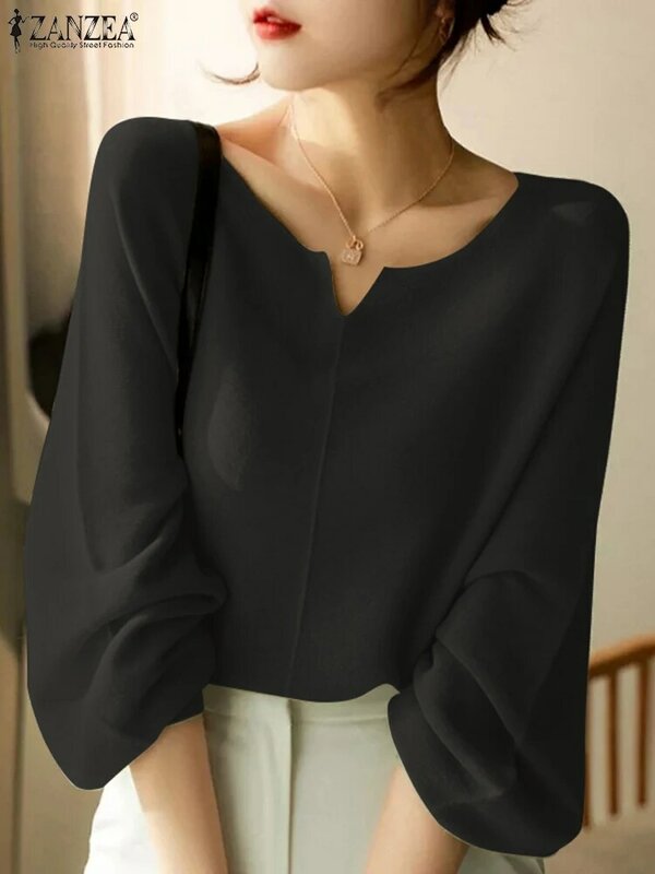 ZANZEA-Blusa de manga larga con cuello en V para mujer, camisa de trabajo holgada informal, color liso, elegante, moda coreana, vacaciones