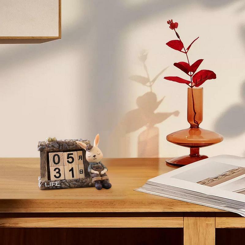 Bloques de calendario de escritorio, decoración de mesa de calendario perpetuo con diseño de conejo, madera maciza, hierro forjado para mesa de comedor, cocina pequeña
