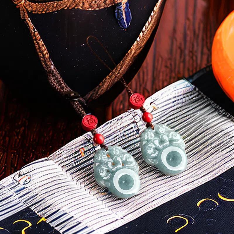 Blue Myanmar Jadeite Pixiu Keychain Natural Burmese Jade Cute Strap Real Jewelry Lanyard Car Accessories Phone Charm Fashion