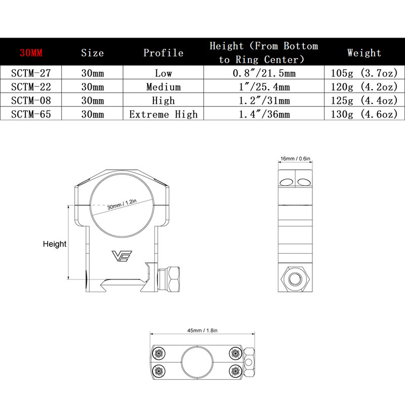 벡터 광학 위버 스코프 링, 로우, 미디엄, 하이 프로파일 시리즈, 20mm 라이플 레일 마운트, 25.4mm, 1 인치, 30mm