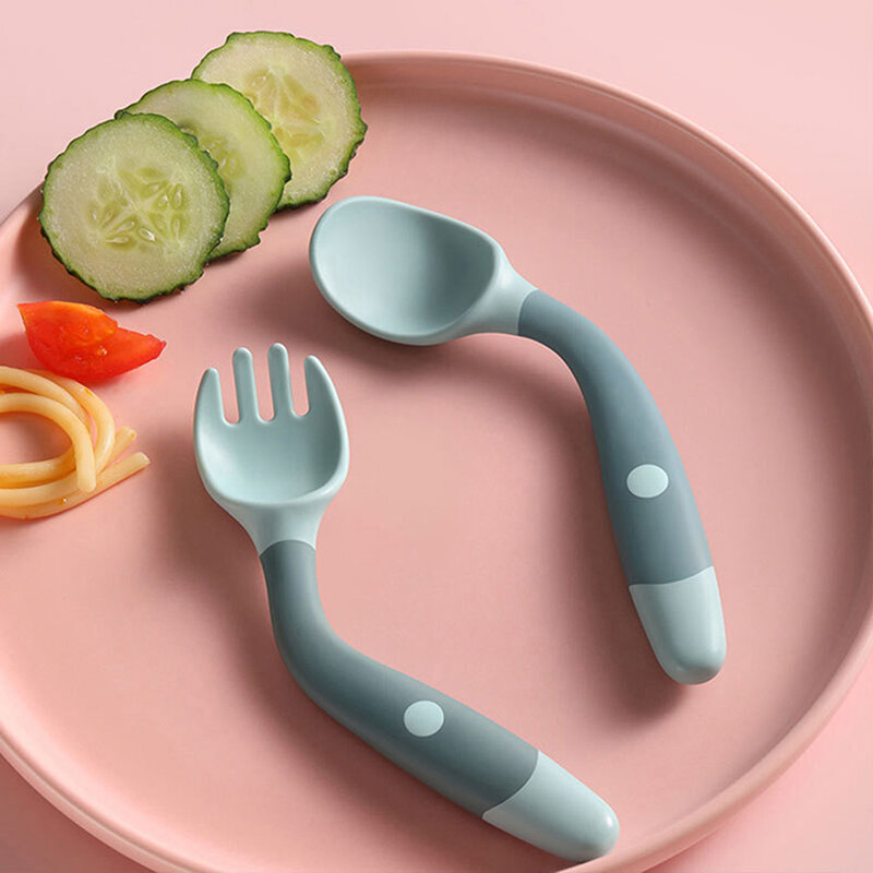 Juego de cucharas y tenedores para bebé, vajilla suave y flexible de PP + TPE, 2 piezas, para aprender a comer