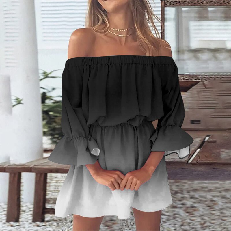 Fashion Off Shoulder Sundress Dresses Women Loose Gradient Print Boho Dress Bell Sleeve Beach Mini Dress Mid Sleeve Vestido