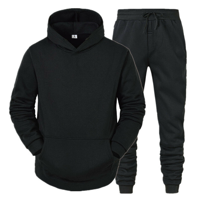 Setelan pakaian olahraga pria, Hoodie 2 potong warna Solid lengan panjang kantong kaus + celana jogging olahraga Set baju olahraga pria