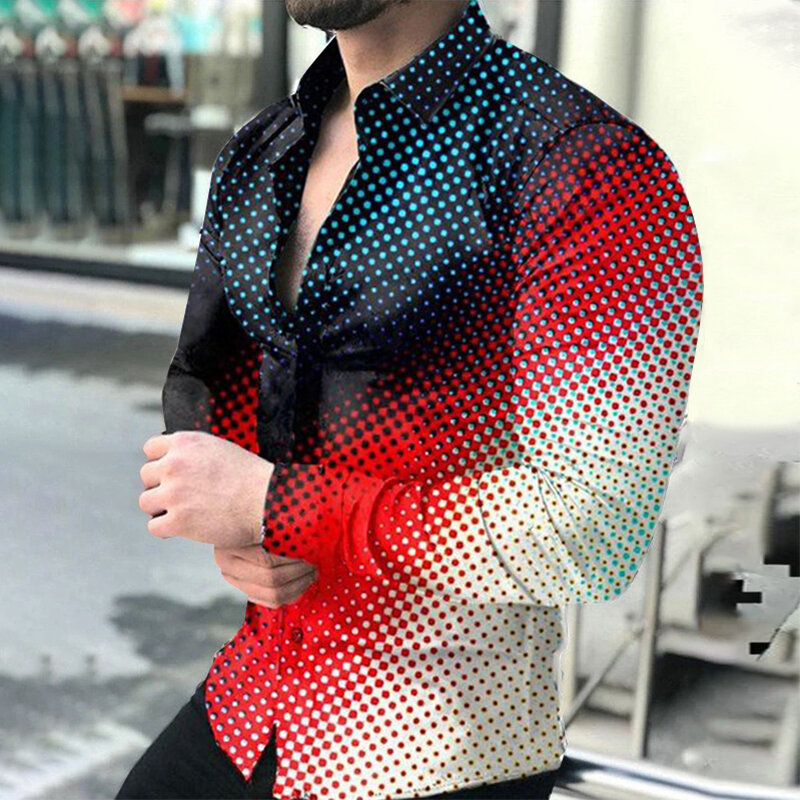 Mannen Chemise Herfst Mens Gradient Kleur Polka Dot Print Shirt S-3XL Size Shirt Voor 2022 Nieuwe Mannen Kleding Lange mouw Tees Tops