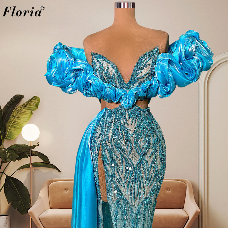 사이드 슬릿이 있는 비즈 블루 연예인 드레스, 2024 연인 인어 무도회 드레스, 이브닝 파티 드레스