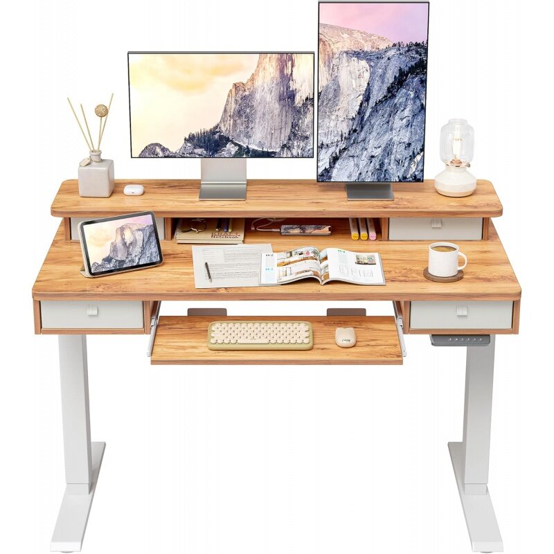 FEZIBO-escritorio eléctrico de pie con altura ajustable, mesa de 48x24 pulgadas con estante de almacenamiento, 4 cajones y bandeja para teclado