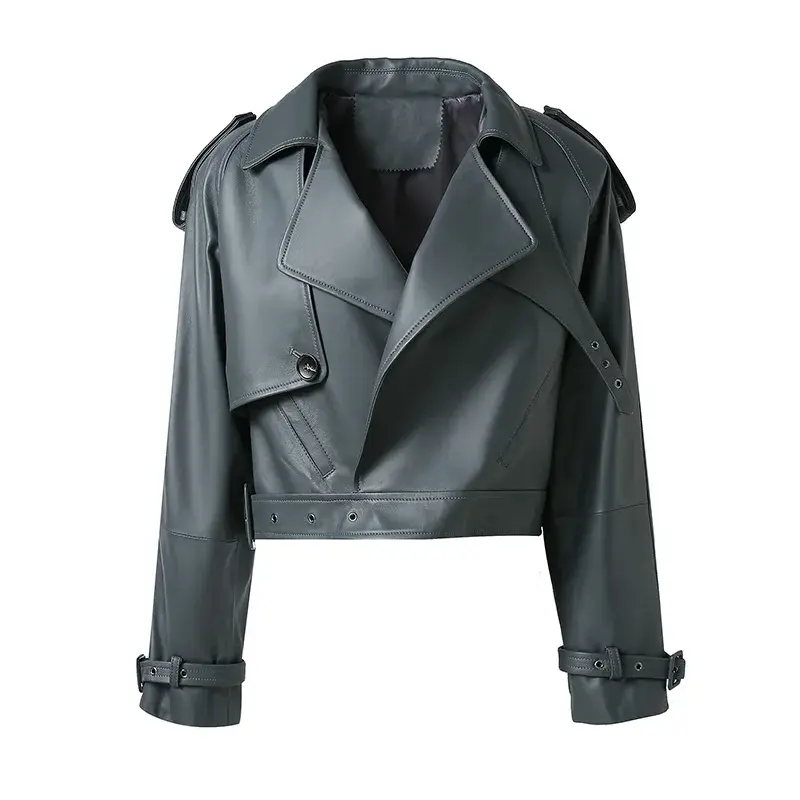 Jaket kulit asli wanita, jaket kulit asli wanita, sepeda motor, kerah Turn Down, mantel kulit dengan sabuk