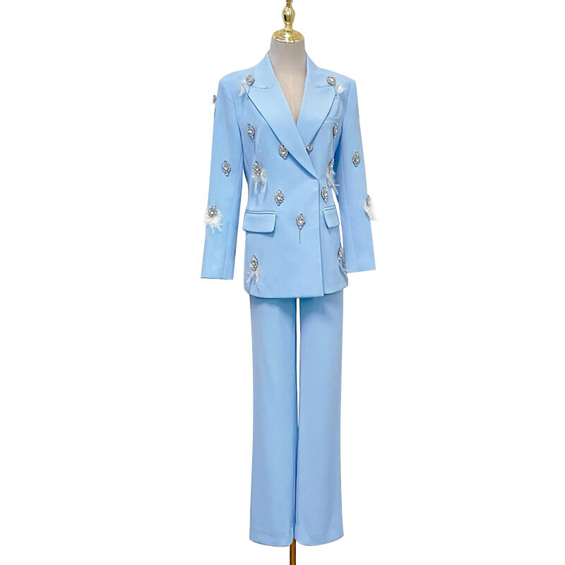 Модный Элегантный однотонный брючный костюм для женщин, Новинка весна-осень 2024, брюки-ботинки с перьями, женские костюмы, офисные комплекты