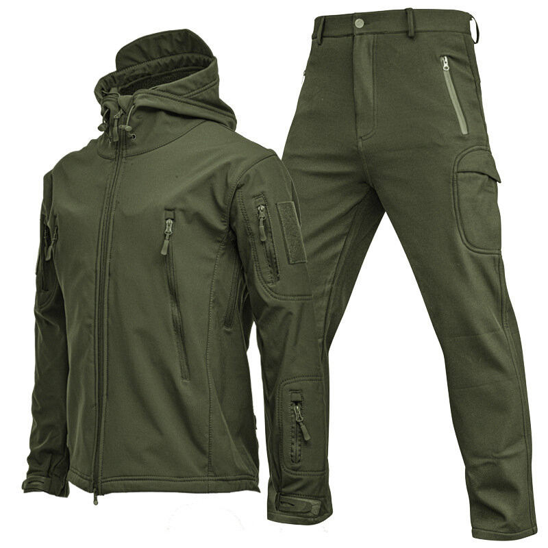 Mens Tactical Jacket Hiking Shark Skin Soft Shell Clothes Windbreaker Flight Pilot Hood Military Fleece Field Jacket Pants