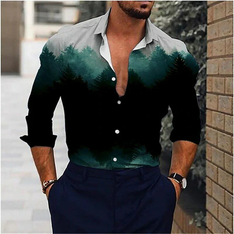 2023 Spring Summer Fashion Men's Long Sleeve Lapel Button Map Casual Daily High Quality Soft Fabric Western Men Plus Size 6XL