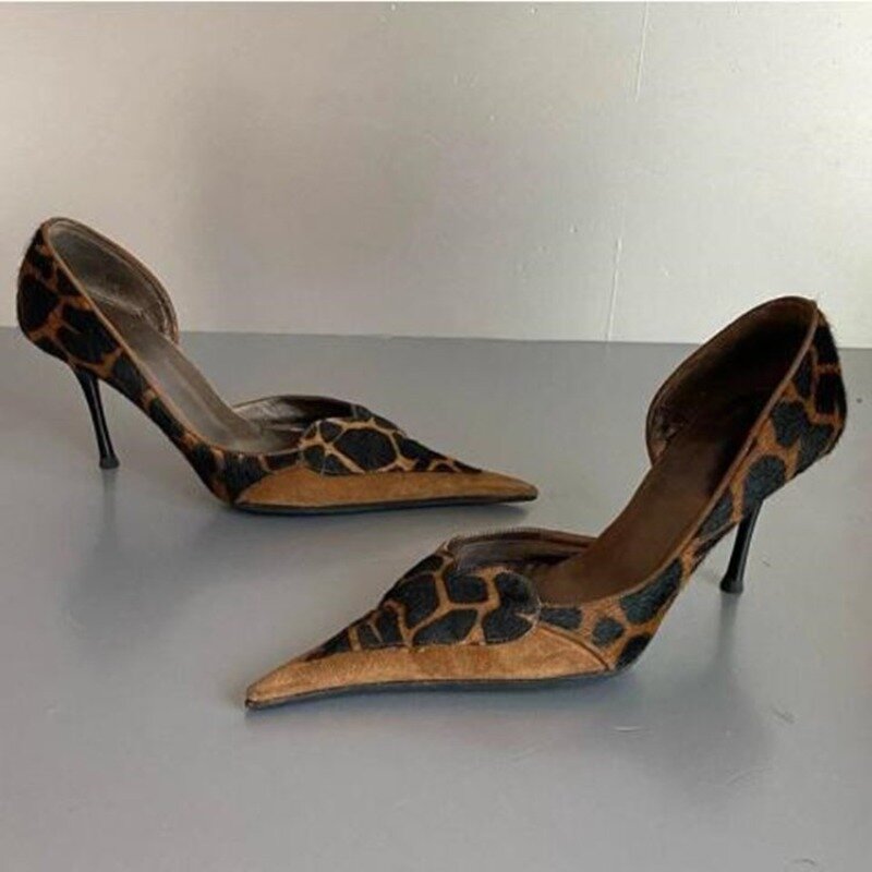 섹시한 레오파드 무늬 포인티드 토 스틸레토 하이힐, 하이 퀄리티 오피스 슈즈, 용수철 편안한 슬립온 여성 신발, 2024 신상