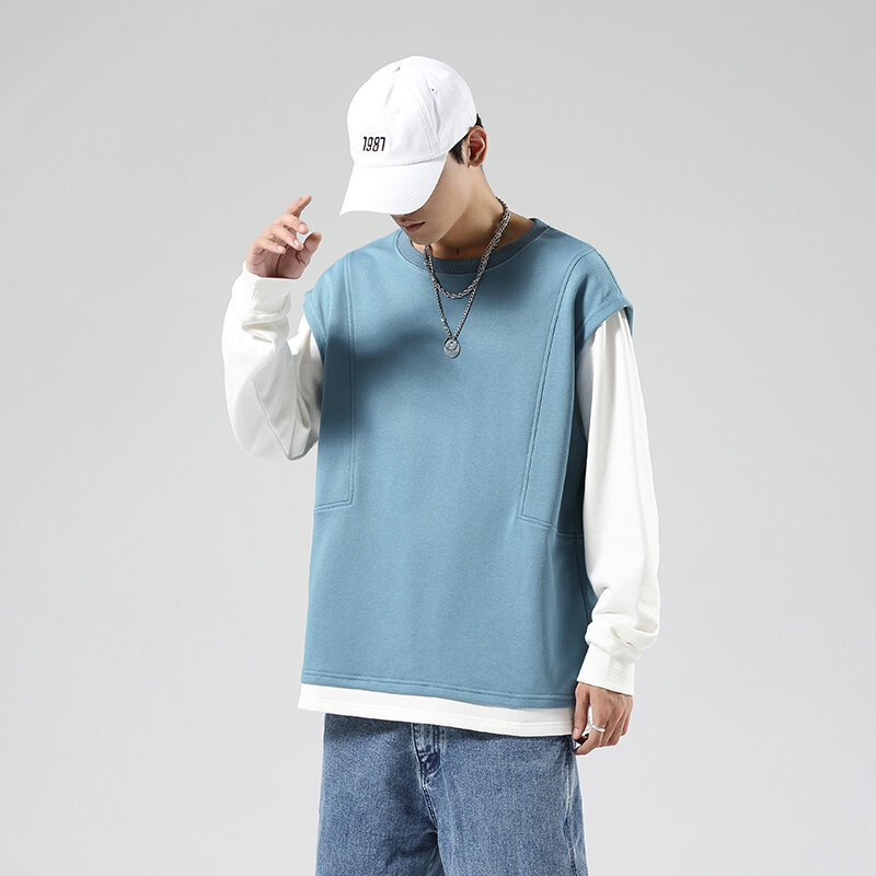 Nowy koreański mody łączenie sweter dla nastolatków 2022 wiosną i jesienią męska spersonalizowane Top wokół szyi luźna koszulka