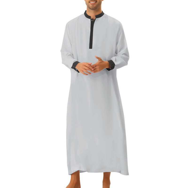 Moda musulmana 2023 manica lunga da uomo con scollo a V nero grigio bianco poliestere colore a contrasto abbigliamento da uomo musulmano abito musulmano più nuovo