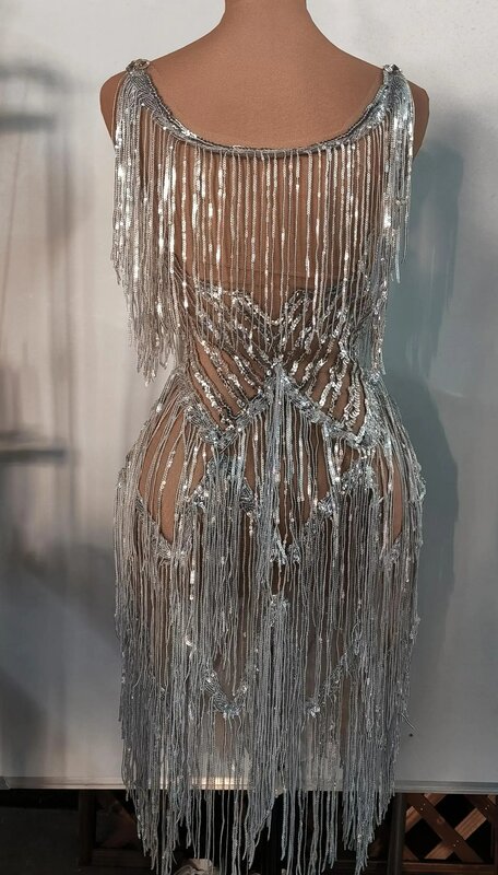 Блестящее Серебряное платье с бахромой и сеткой, с блестками и кристаллами, сексуальная одежда для латиноамериканских танцев на день рождения, костюмы Drag Queen Muyuye