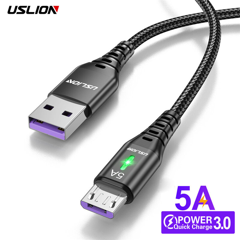 USLION-Cabo Micro USB para Celular, Carregamento Rápido, Cabo de Dados, Cabo de Fio para Xiaomi, Android, Iluminação LED, 5A