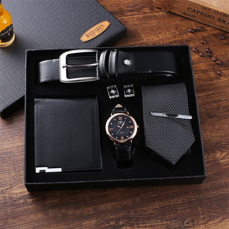Fashion Men's Watch Set Gift Box Leather Belt Wallet Tie Cufflinks Birthday Business Gifts Set for Men Boyfriend Father Husband