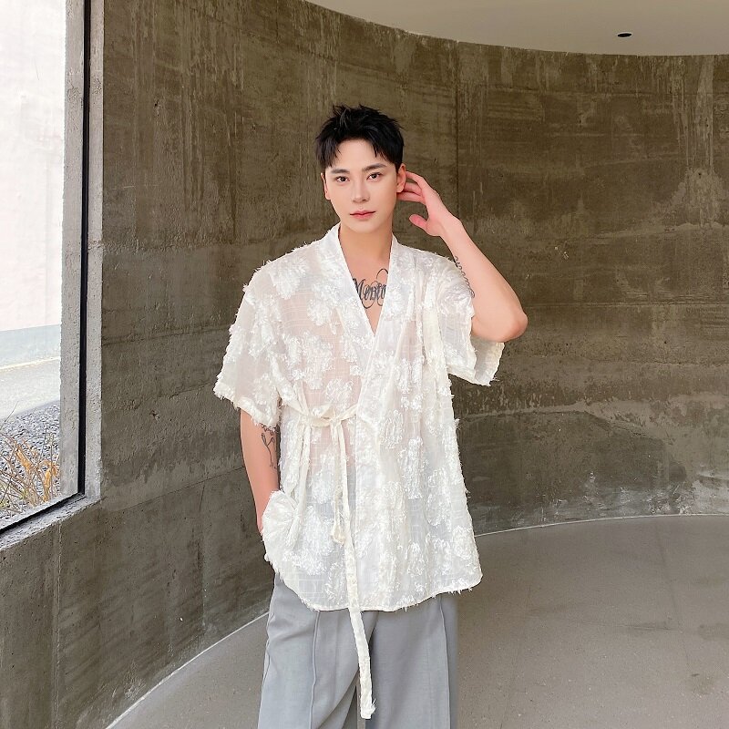 NOYMEI-camisas de manga corta para hombre, Top informal de gasa transparente con diseño de correa, estilo chino, nueva moda, WA4410, 2024