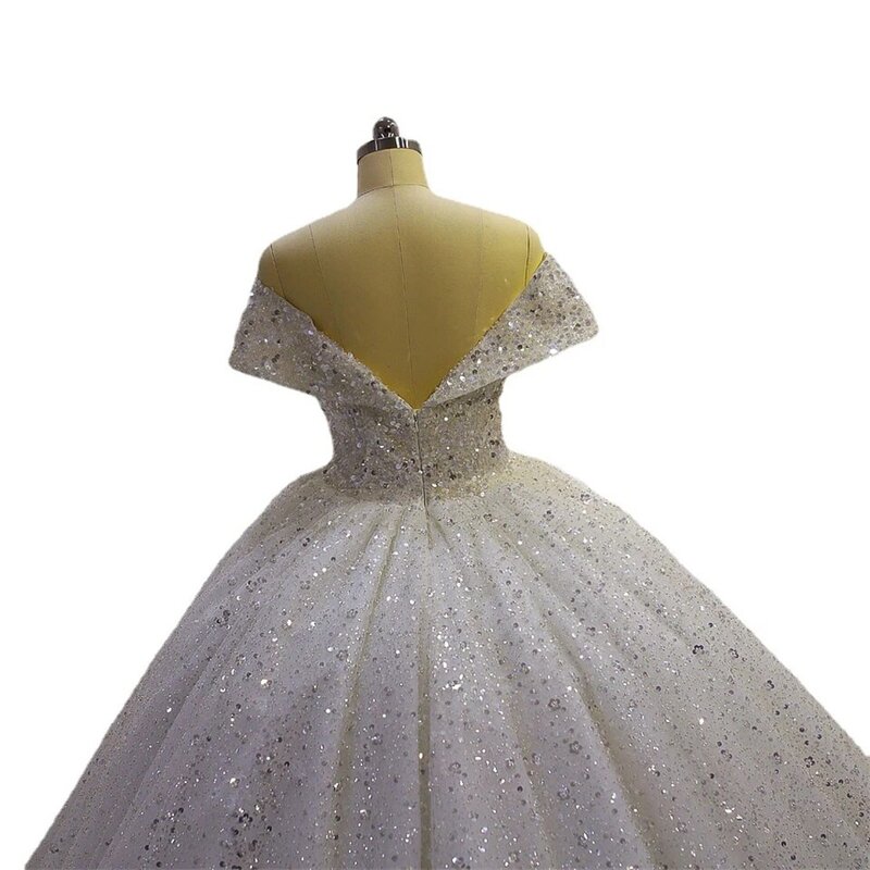 럭셔리 반짝이 스팽글 비즈 오프 숄더 볼 가운, 여성용 웨딩 드레스, 2024 코트 트레인 신부 가운