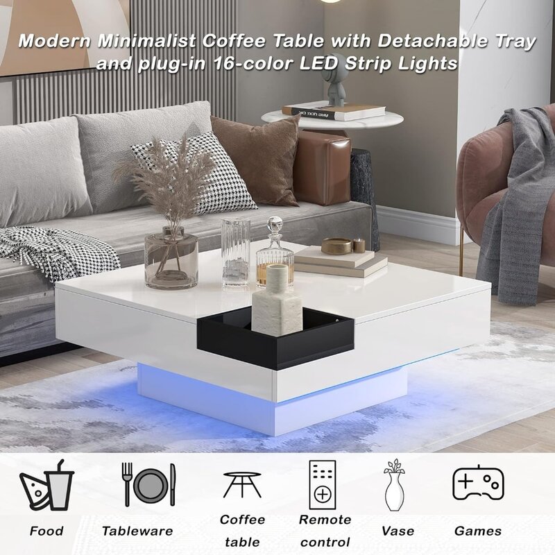 31.5 nowoczesnych kwadratowych stolik kawowy LED z 16 kolorami, nowoczesna minimalistyczna kwadratowa stół koktajlowy odłączana taca do salonu