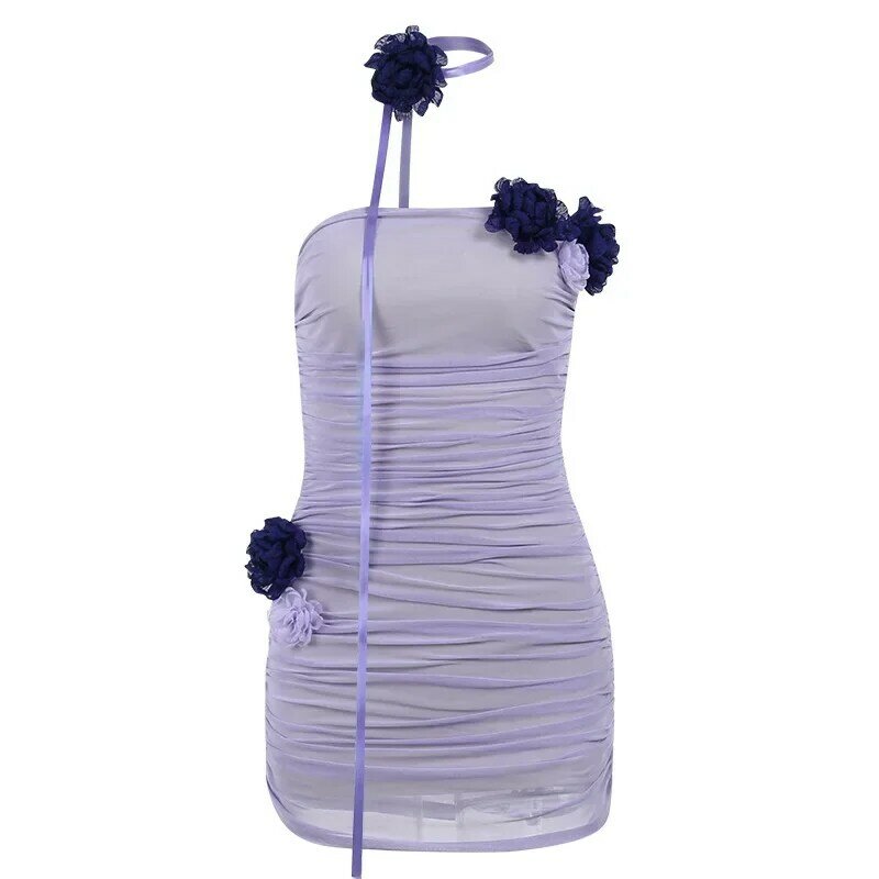 Summer New European and American Design Feeling Slim Fit Mesh Contrast Colored Flower Bra Scarf Ribbon Dress CSM70-4