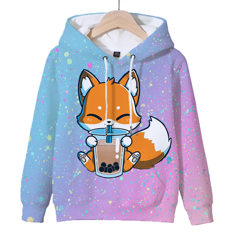 Fox Cat Boba Tea Hoodie Pullover Kids Animals 3D Print Hoodies Tops Sudadera Children Cartoon Sweatshirt Clothes Casual Hoody
