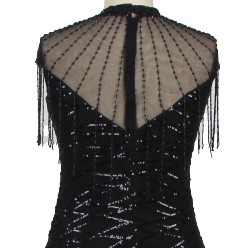 Feelingarden Evening Dress O-neck Sequin Black Zipper Robe De Soiree Plus Size Sleeveless Tassel Wome Party Formal Dresses F006