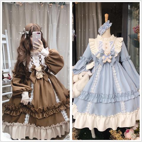 Vestido Lolita gótico japonês para mulheres, laço de urso kawaii, vestido azul, vestido de princesa manga comprida, traje de Halloween, presente para meninas