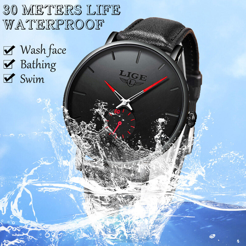 LIGE jam tangan olahraga pria, arloji Quartz kasual kulit asli tahan air 2023