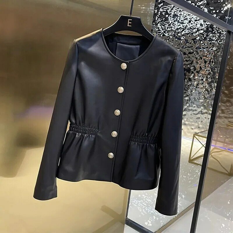 Jaqueta de couro feminino em plutônio, gola redonda, de peito único, casaco de cintura curto, preto, marrom, primavera, novo, moda, 2022