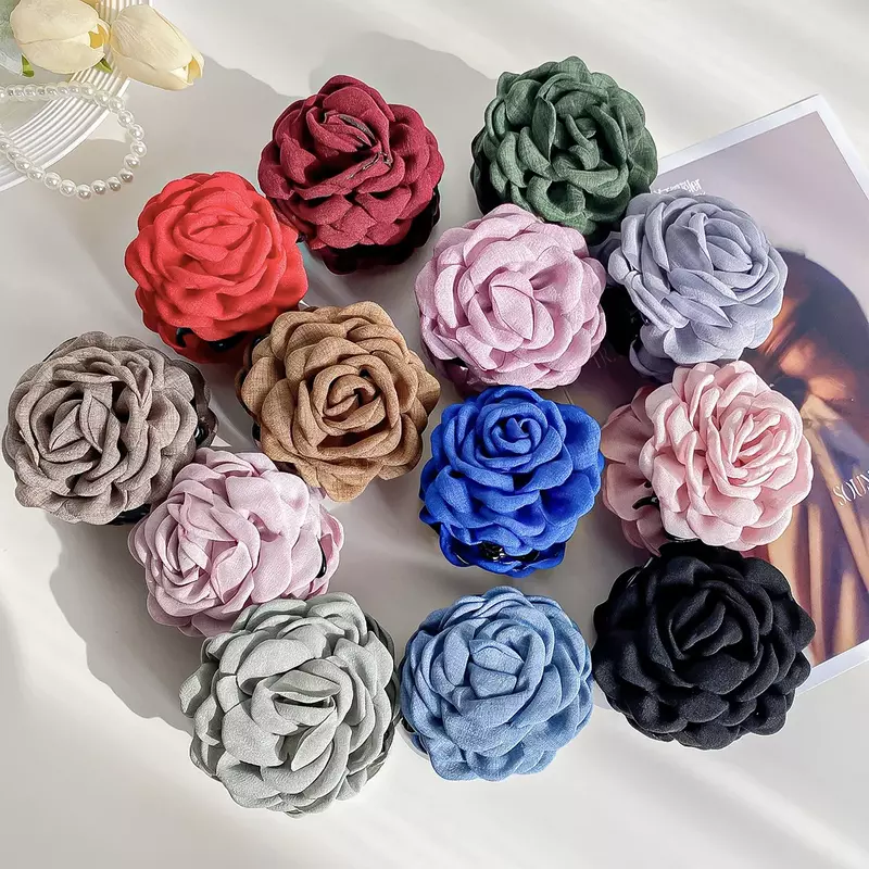 YHJ Three-dimensional Rose Flower Hair Claw Handmade Fabric Flowers Grab Hair Clip Sweet Shark Clip Hair Accessories for Women