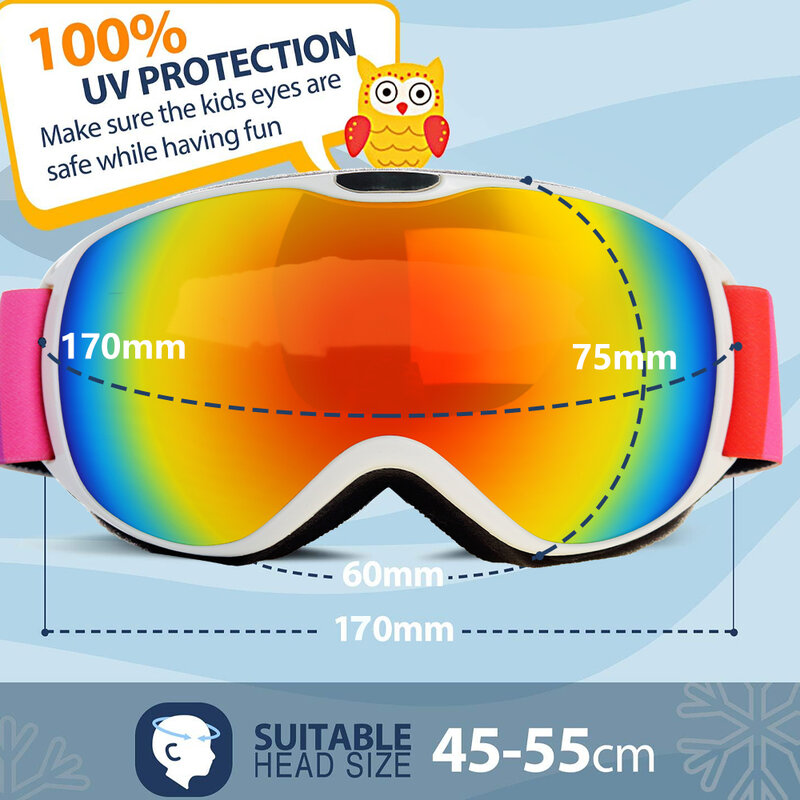 Kacamata Ski anak, untuk usia 4-14 anti-kabut lapisan ganda UV400 salju kacamata olahraga luar ruangan musim dingin papan salju kacamata Ski anak-anak