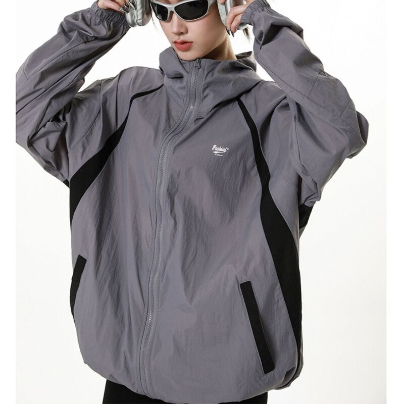 HOUZHOU jaket tahan angin wanita, jaket windbreaker abu-abu gaya Jepang 2000s Y2k Vintage, jaket luar ruangan ukuran besar, atasan Hiphop kasual