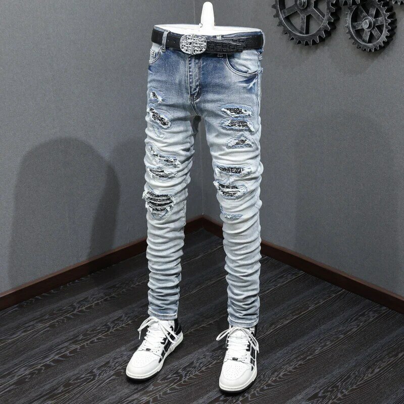 Modne dżinsy męskie uliczna Retro sprany niebieski elastyczna rozciągliwa chudy krój z dziurami dżinsów męska połatana designerska markowe spodnie Hip Hop