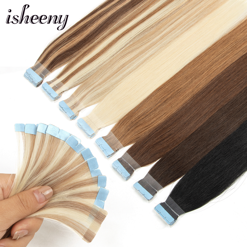 Isheeny мини лента для наращивания человеческих волос 12 "-24" машина Remy Кожа Уток волосы на Клейкой Ленте натуральный черный коричневый блонд лента Ons