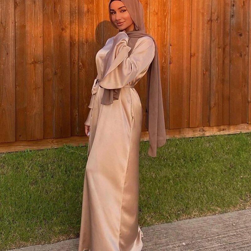 Sukienki damskie-Vestidos musulmanes de satén de manga larga para mujer, ropa de cintura suave, vestido de verano sexy