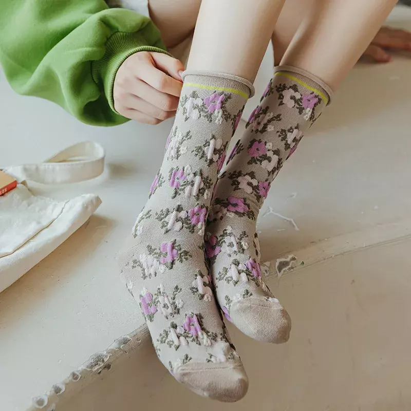 Ассиметричные жаккардовые носки из чесаного хлопка AB в стиле ретро для девушек, повседневные жаккардовые носки с тиснением в стиле "Лолита"