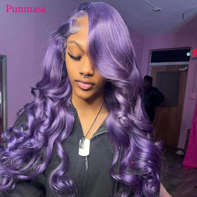 Punmasa-Perruque brésilienne Body Wave violette pour femme, perruques de cheveux humains, dentelle transparente Frmetals, densité 200%, 13x4, 13x6