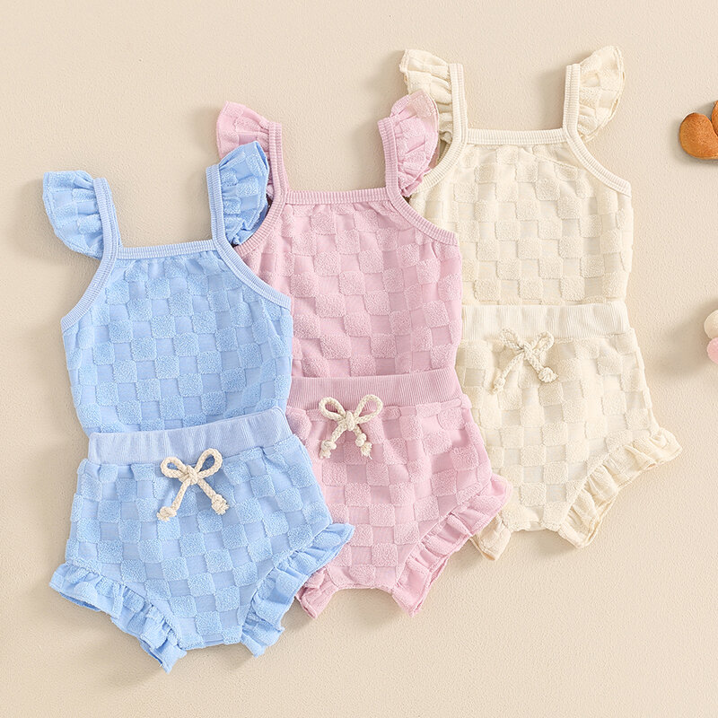 Conjunto de verão 2 peças para bebê menina, manga mosca, macacão quadrado pescoço, cintura elástica shorts, roupas da criança