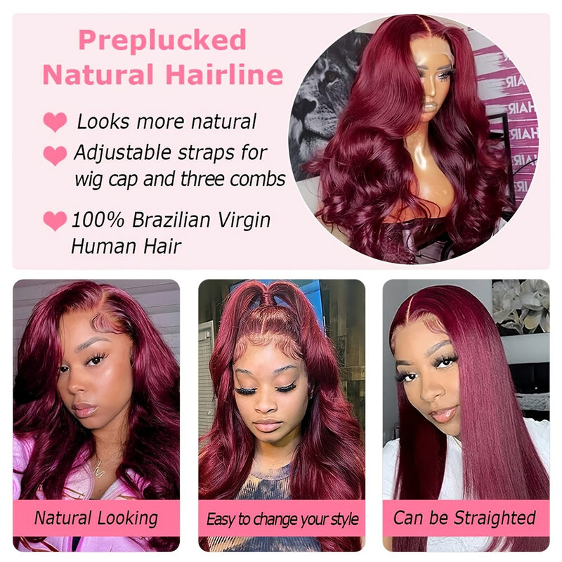 Burgundy Lace Front Human Hair Wig Body Wave 13x4 Hd Lace Ear to Ear Frontal Wig Brazilian 99j Red Colored Wigs Pre Plucked 180%