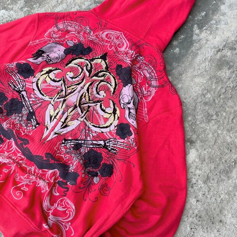เสื้อกันหนาวมีฮู้ดสำหรับผู้หญิงแนวสตรีทฮาราจูกุแนวลำลองแนวสตรีท Y2K แฟชั่นใหม่สีแดงพิมพ์ลายโอเวอร์ไซส์
