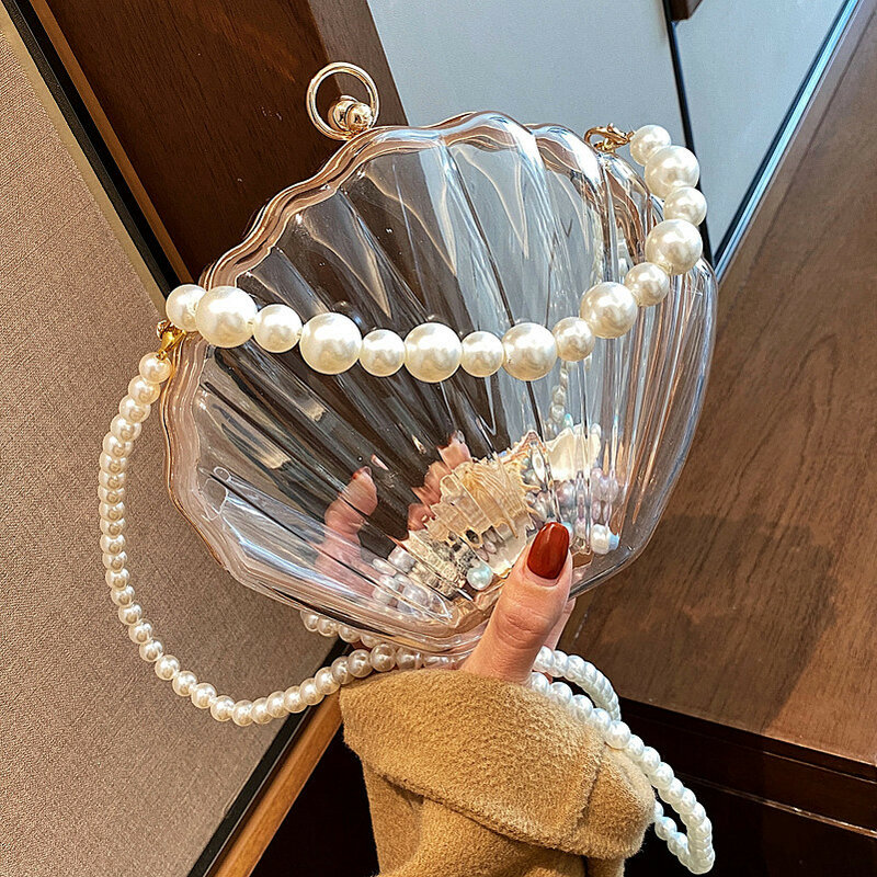 Fashion Acrylic Transparent Shell Design Crossbody Bag for Women Pearls Chains Handbags Candy Color Shoulder Bags Small Purses