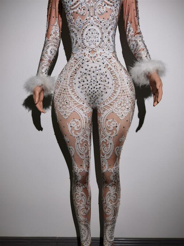 Sexy pizzo bianco strass tuta donna cantante Stage body Costume Party Celebrate Unitard glead Stones Outfit Baileisi