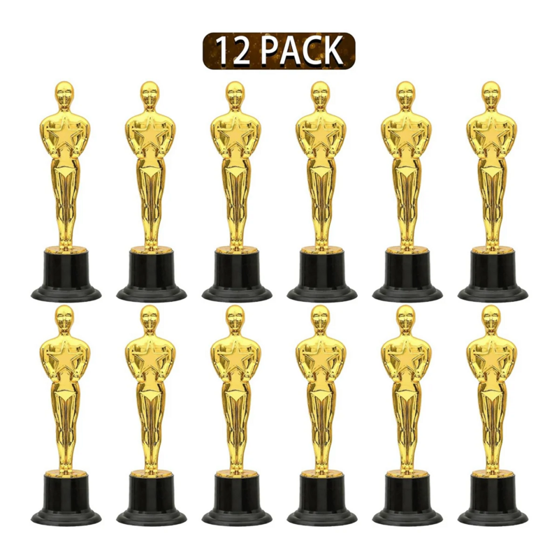 Plástico ouro prêmio troféus para decorações do partido, favores do partido, Movie Night Favor, Escola Award, 12 Pack