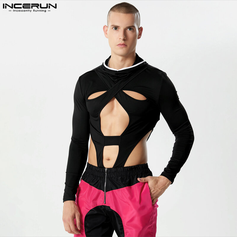 Incerun-Sexy bodysuits com capuz oco dos homens, desconstruído design macacão, macacão de manga comprida triângulo, moda amor, S-3XL, 2023